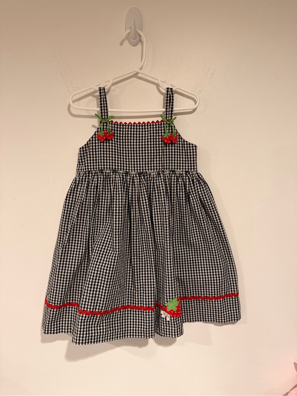 Good Lad Black & White Gingham Dress with Red strawberry Appliqués